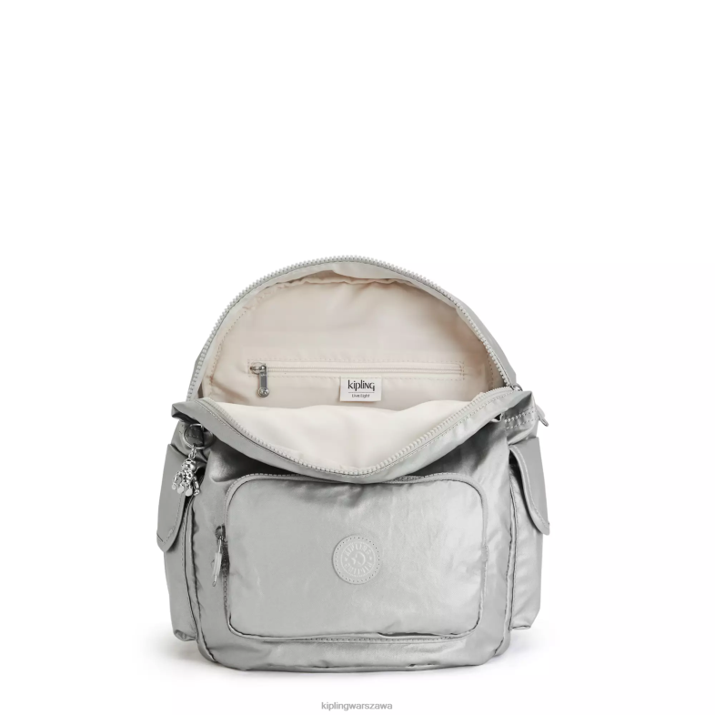 Kipling jasny metaliczny dla obu płci mały metalowy plecak city pack PXR6L380